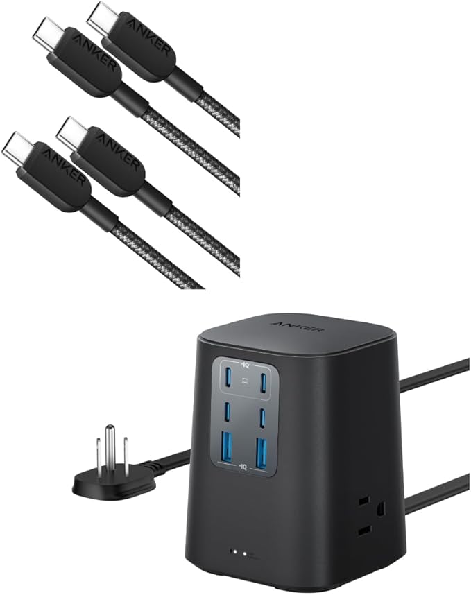 Anker 310 USB C to USB C Cable (3ft, 2 Pack),Type C Fast Charging Cable Charging Station (100W), 9-in-1 USB C Power Strip with 300J Surge Protection