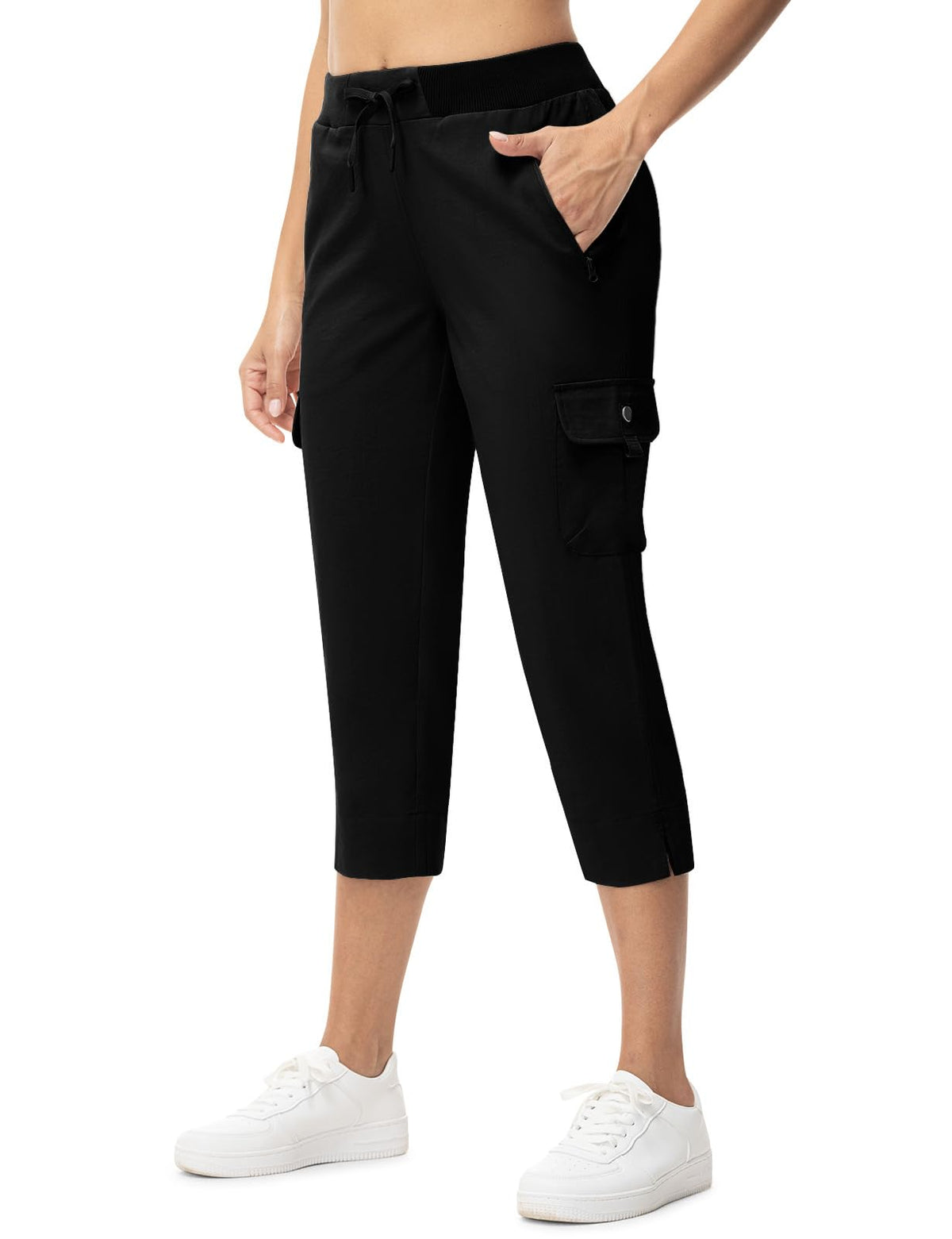 TBMPOY Women's Capri Pants Lightweight Quick Dry Hiking Cargo Pockets Casual Water Resistant Travel Cropped Cotton Black XL