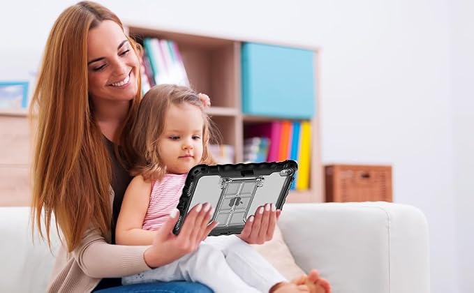 Kids Case for iPad 9th 8th &amp 7th Generation 10.2 Inch Heavy Duty Shockproof Protective Cover with Built-in Screen Protector Kickstand Pencil Holder Hand Strap &amp Shoulder Strap (Black)