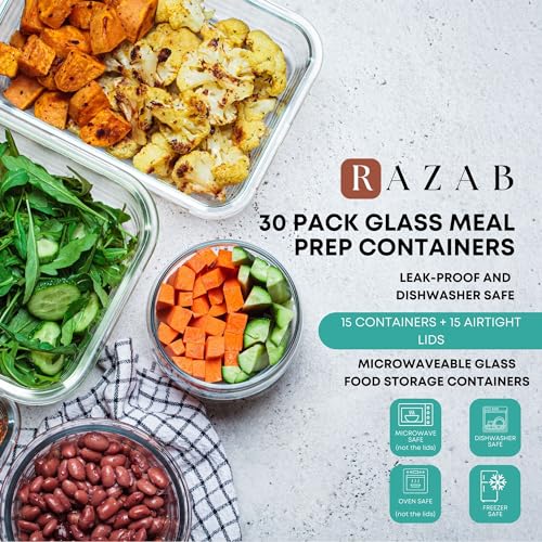 Razab 30 PC Glass Food Storage Containers with Lids - Reusable Glass Meal Prep Containers for Lunch and Leftovers - Airtight & Leakproof Snap Locking Lids - Oven, Freezer, Microwave & Dishwasher Safe - color: Gray