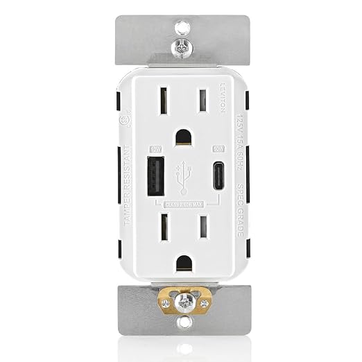 Leviton 30W (6A) USB Dual Type-C/C Power Delivery In-Wall Charger with 15A Tamper-Resistant Outlet USB Charger for Smartphones Tablets Laptops T5635-E Black