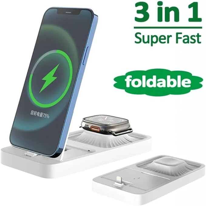 3 in 1 Desktop Foldable Wireless Charger Stand for iPhone 14 13 12 11 Pro Max 10 XS Apple Watch 10 9 8 7 6 5 4 3 2 AirPods Pro 2 (Black)