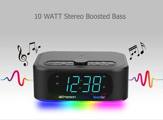 Emerson ER100202 Smartset Dual Alarm Clock Radio with USB Port and QI Wireless Phone Charger with Bluetooth All Qi Compatible Phones