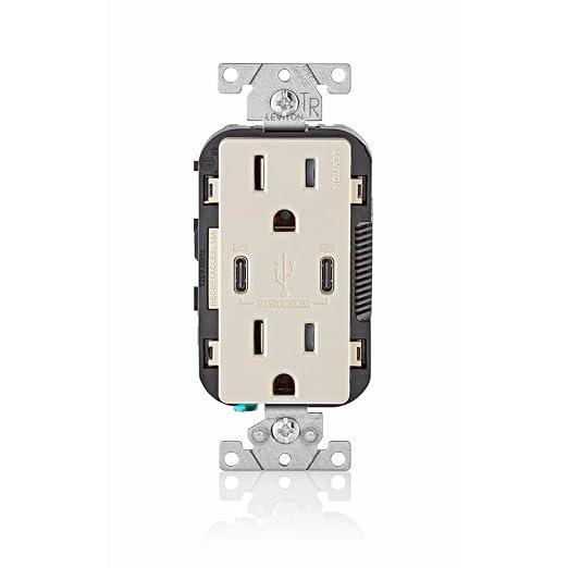 Leviton 30W (6A) USB Dual Type-C/C Power Delivery In-Wall Charger with 15A Tamper-Resistant Outlet USB Charger for Smartphones Tablets Laptops T5635-E Black
