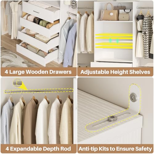 Aheaplus Closet System, 4-9Ft Closet Organizer with 4 Wooden Drawers, Wood Closet Organizer System with Tower, Walk-in Closet Organizer Wardrobe Clothes Rack with 4 Hanging Rods, Garment Rack, White - color: White