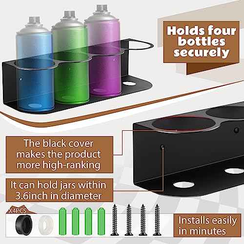 Therwen 2 Pcs 4 Holes All Purpose Steel Spray Bottle Holder Heavy Duty Can Holder Rack Organizer Easy Install Wall Mount Paint Spray Bottle Organizer Storage Rack for Garage Home Workspace(Black)