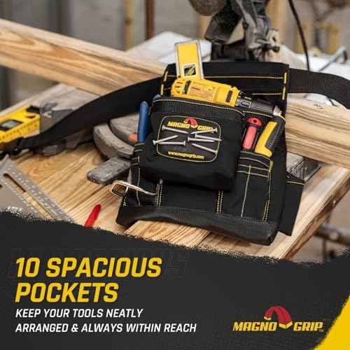 MagnoGrip 10-Pocket Tool Pouch with Magnetic Storage - Durable 1680D Ballistic Polyester, Adjustable Belt, Reinforced Rivets, Easy Access Pockets for Construction, Carpentry, and DIY Projects - Black