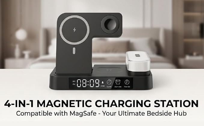 EBTOOLS 4 in 1 Magnetic Charging Station Wireless Charger Stand with LED Display Digital Clock Alarm RGB Night Light for Smartphones Watch Earbuds (Black)