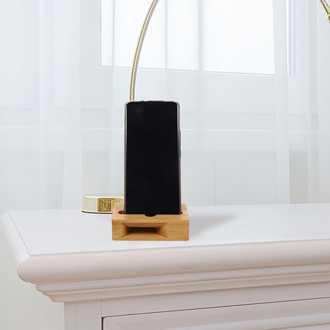 Bamboo Wood Phone Stand with Sound Amplifier Universal Mobile Phone Desktop Holder for Watching Videos and Calls Compact 3.9X2.4X1.2 Inches