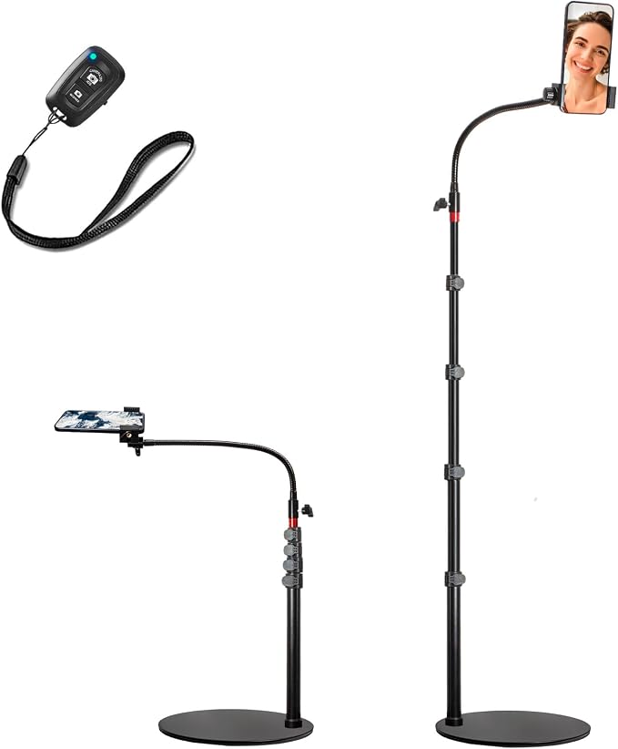 Tall Video Cell Phone Mount with Height Adjustable Stand Heavy Base 360 Head - Compatible with iPhone 16 16 Pro Max 16 Plus 15 14 13