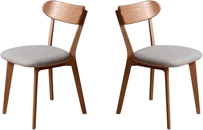 100% Solid Wood Upholstered Dining Chairs, Mid Century Modern Oak Dining Chairs with Curved Back Design with Butterfly Wing Shape for Kitchen, Dining Room, Restaurant (2PK, Walnut Color-Gray Cushion)