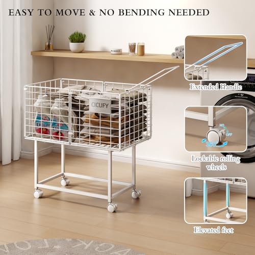 CICUFY Rolling Laundry Cart, 80L Wire Laundry Hamper Basket on Wheels, Dirty Clothes Basket with Handle, Metal Clothes Hamper Organizer for Laundry Room, Bathroom, Bedroom, Dorm, White - color: White
