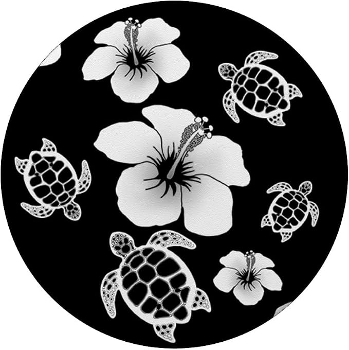 Black and White Hawaiian Island Floral Turtles PopSockets Adhesive PopGrip