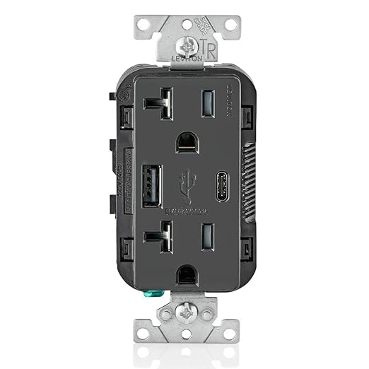 Leviton Type A &amp Type-C USB In-Wall Charger with 20A Tamper-Resistant Outlet USB Charger for Smartphones and Tablets. Not for Laptops T5833-E Black