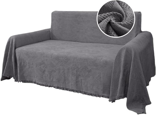 H.VERSAILTEX Cotton Sofa Covers Couch Cover Sofa Slipcover for Most Shape Sofas, Feature Thick Woven Jacquard Seamless with Tassels, Multi-Use Decorative for Couch (Large: 71" x 102", Grey)