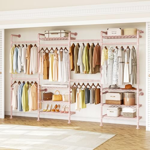 ONBRILL H4 Wall Mounted Closet System, Expandable Industrial Pipe Clothes Rack Clothing Rack for Hanging Clothes, Heavy Duty Closet Organizers and Storage in Wardrobe Closet - color: Pink