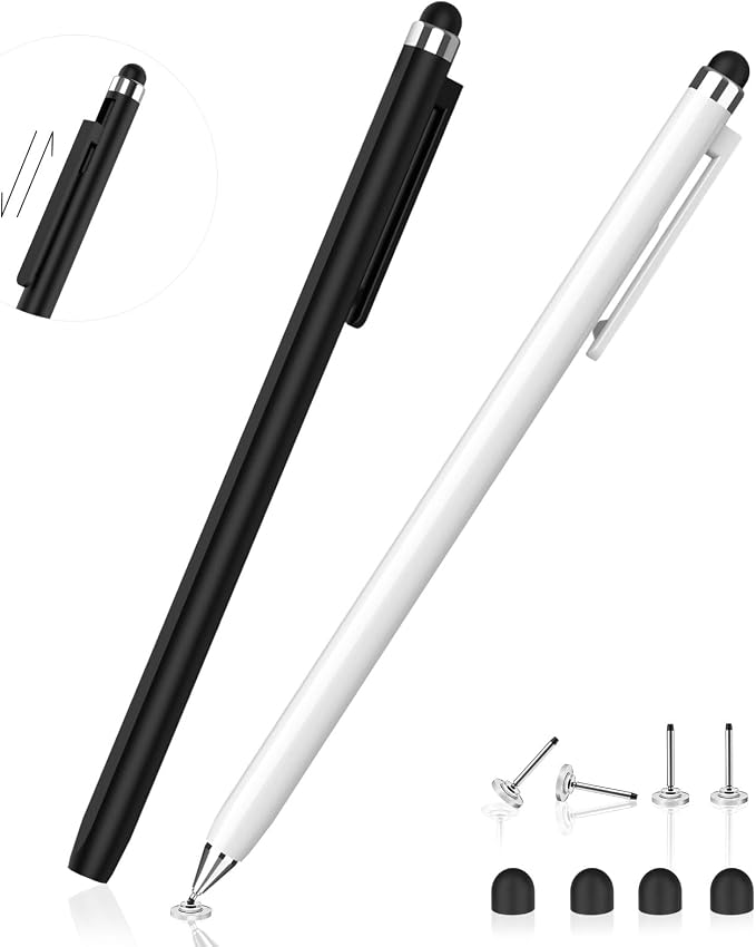 Stylus Pen for Touchscreen (2 Pack) - Mixoo 2-in-1 High Sensitivity Retractable Stylus with Smaller Disc Tip Universal Stylus for iPad iPhone Tablets Switch Capacitive Touch Screens (Black + White)