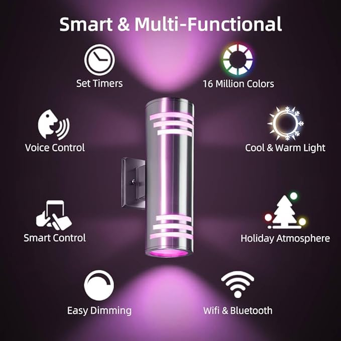 SHIMR Smart RGB Outdoor Wall Lights, WiFi LED Color Changing Exterior Sconce, APP Control Stainless Steel Porch Light Fixture with Remote for House Garage, No Hub Required Compatible with Alexa
