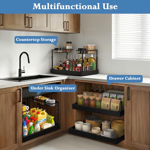 Aisslro Under Sink Organizer, 2 Tier Under the Sink Storage, Expandable Adjustable Slide Out Pull Out Under Cabinet Organizers Shelf, for Kitchen Bathroom Pantry Closet Organization, Black - size: Small