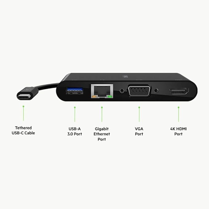Belkin Multimedia Adapter with USB‑C Passthrough Power – HDMI, USB‑A & USB‑C Ports, 4K Video, Compact Laptop Hub for MacBook, Chromebook, Windows, Travel & Home Office