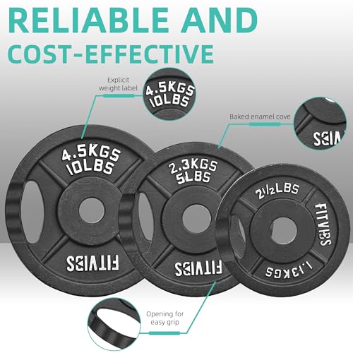 Fitvids Barbell Weight Set, Cast Iron 1" Standard Weight Plates Including 5FT Standard Barbell Bar & Star Locks, 45 Pounds Set (35 Lbs Plates + 10 Lbs Barbell Bar), Multiple Packages