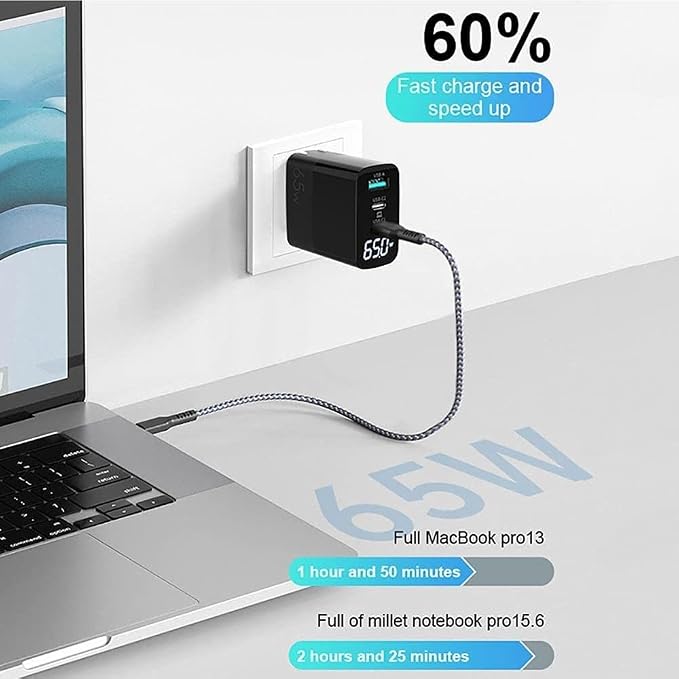 BoxWave Charger Compatible with FiiO M23 - PowerDisplay PD Wall Charger (65W) GaN 65W Powerful Folding Plug LCD Display - Jet Black