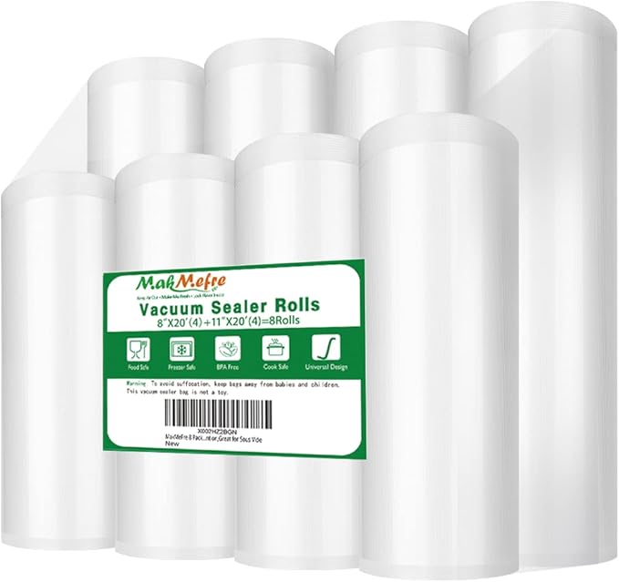 MakMeFre 8 Pack 8"x20'(4Rolls) and 11"x20' (4Rolls) Vacuum Sealer Bags Rolls for Food,Commercial Grade, BPA Free,Puncture Prevention,Great for Sous Vide Cooking