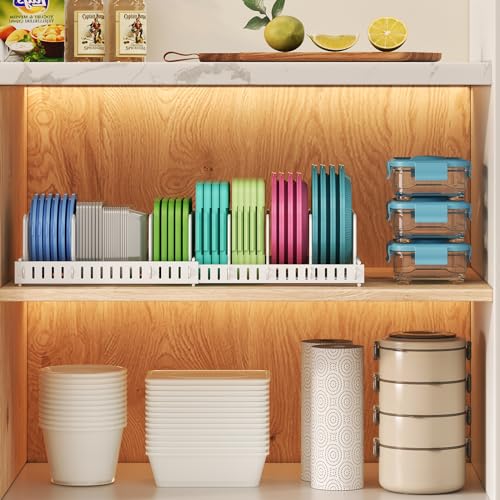 X-cosrack Expandable Food Container Lid Organizer,Large Capacity Adjustable 10 Dividers Detachable Lid Organizer Rack for Cabinets, Cupboards, Pantry Shelves, Drawers to Keep Kitchen Tidy,White - color: White