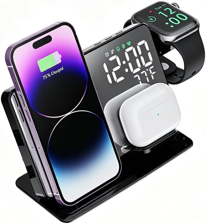 IHAO 3in1 Multifunctional Foldable Wireless Charging Station with LED Ambient Night Light Fast QC3.0 Charger for Phone iWatch Headphone Space-Saving Auto-Shutoff &amp Overcharge Protection-Black