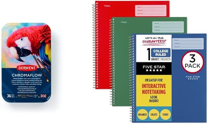 Bundle of Derwent Chromaflow Colored Pencils Tin, Set of 36, 4mm Wide Core, (2306012) + Five Star Interactive Notetaking Spiral Notebooks, 3 Pack, 1-Subject, College Ruled Paper (820195-ECM)