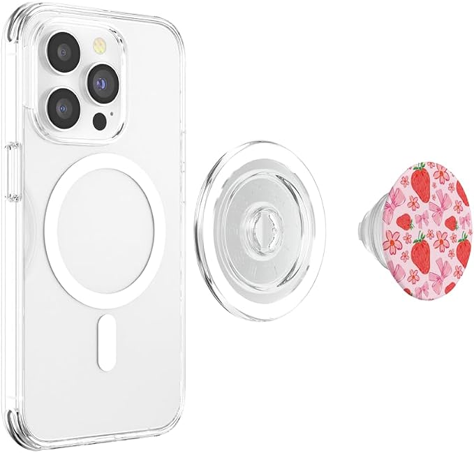 Cute Pink Strawberry Bow Pattern Girly Aesthetic Flower PopSockets Adhesive PopGrip