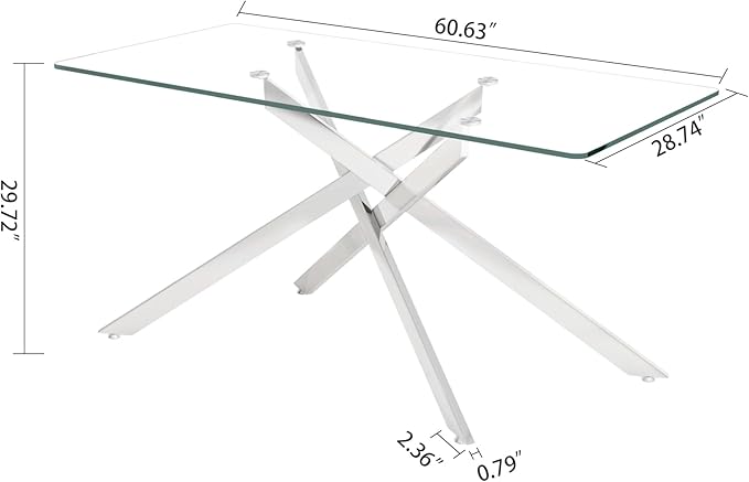 60" Rectangular Glass Dining Table Modern Kitchen Glass Top Table for 6 with Silver Metal Legs, Clear Dining Table Kitchen Table for Home Office Dining Room