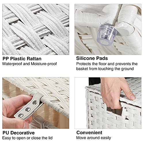 Greenstell Laundry Hamper with Lid, 125L Large Clothes Hamper with 3 Section & 2 Section Removable Liner Bags & 5 Mesh Laundry Bags, Handwoven Synthetic Rattan Divided Laundry Basket, White - color: White