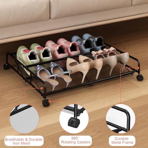 Under Bed Shoe Storage Organizer, Metal Mesh Under Bed Storage Containers with Wheels, Shoe Organizer Drawer Space Saving for Bedroom, 1 Pack - size: 1 Pack