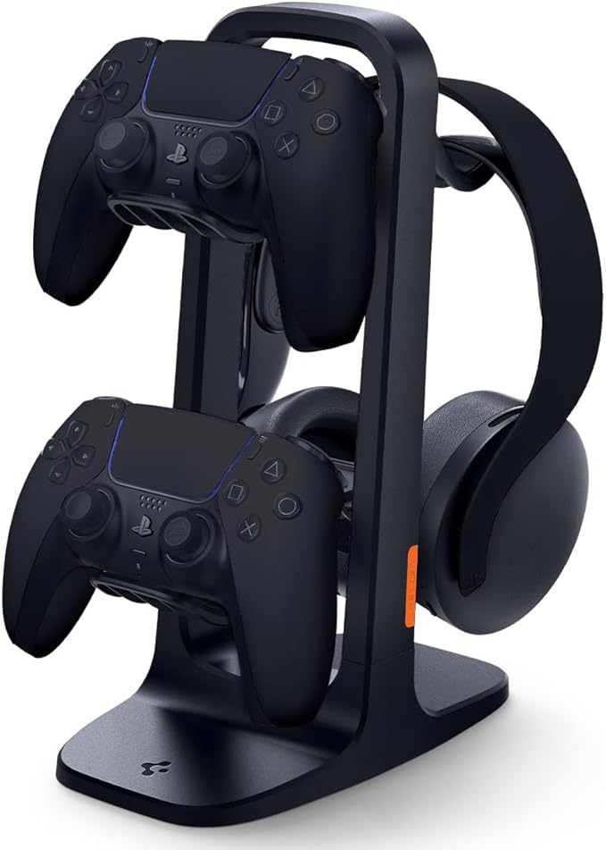 Spigen Gaming Controller and Headset Stand for PlayStation, Xbox, Nintendo Switch 2, Razer, Gaming Headphones and Headsets, Universal Desk Stand Mount, 2 Tiers with Storage Cable Organizer - Black