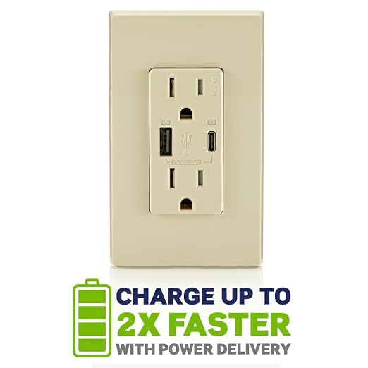 Leviton 30W (6A) USB Dual Type-C/C Power Delivery In-Wall Charger with 15A Tamper-Resistant Outlet USB Charger for Smartphones Tablets Laptops T5635-E Black