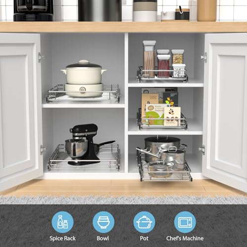 ZOINLIY Pull Out Cabinet Organizer, Versatile Slide Out Kitchen Organizers and Storage,Heavy Duty Drawer Cupboard Storage Basket, Smooth Sliding, Chrome Finish,11.8" W x 21" D - size: 11.8”W x 21”D (Outside Dimensions)