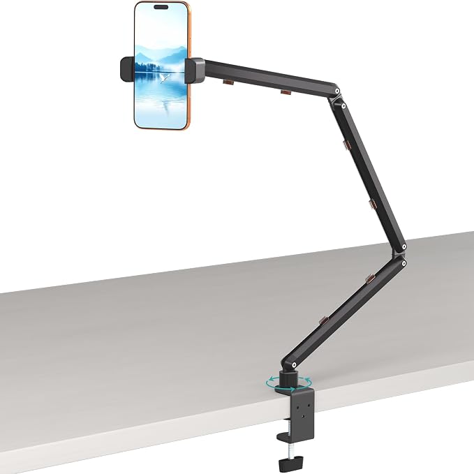 Wall Mount Phone HolderPhone Holder for Desk Bed3-Stage Aluminium iPhone StandFoldable Extendable Arms Heavy Duty Drilling BaseCompatible with 3.5~7.5 iPhone/HTC/LG/Huawei/Galaxy/Smartphones