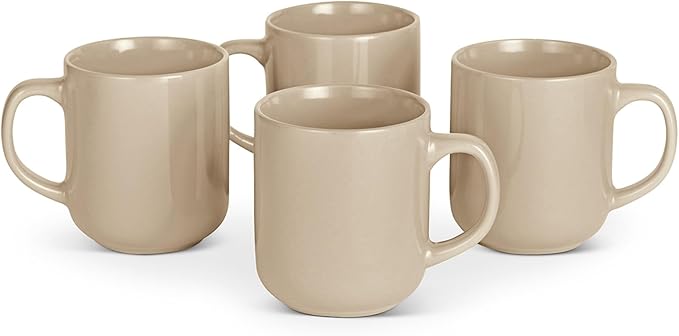 Amazon Basics Ceramic Coffee Mugs, Ceramic 4-Piece Set, 16 oz, Microwave and Dishwasher-Safe, Linen Gray