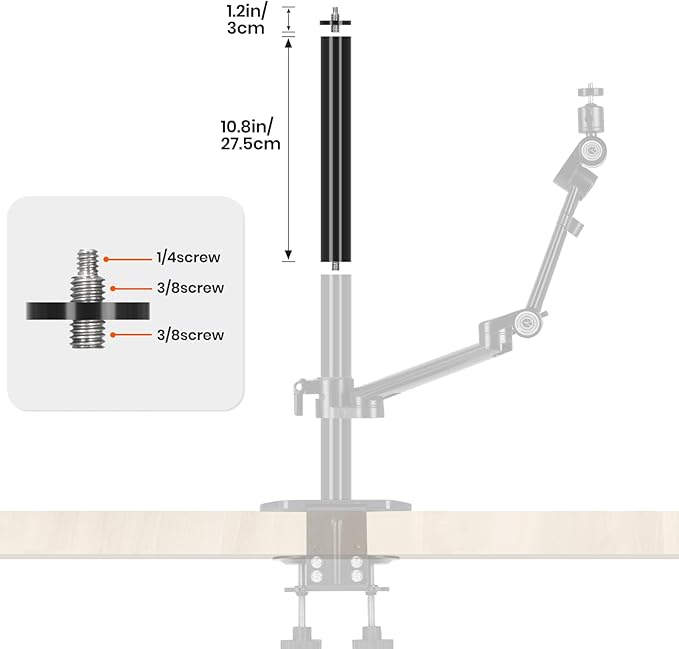 TARION Modular Base Extension Rod - 21.6"/55cm Extension Pole Set (2× 10.8" Sections) Compatible with Titanrig Lite Z, Desktop, Studio, Cart Products