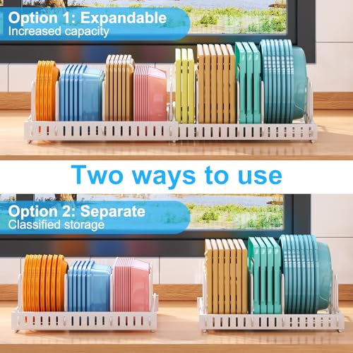 X-cosrack Expandable Food Container Lid Organizer,Large Capacity Adjustable 10 Dividers Detachable Lid Organizer Rack for Cabinets, Cupboards, Pantry Shelves, Drawers to Keep Kitchen Tidy,White - color: White