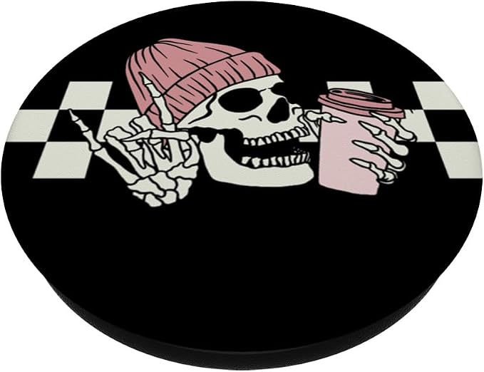 Skeleton Peace Sign Coffee Checkerboard PopSockets Adhesive PopGrip