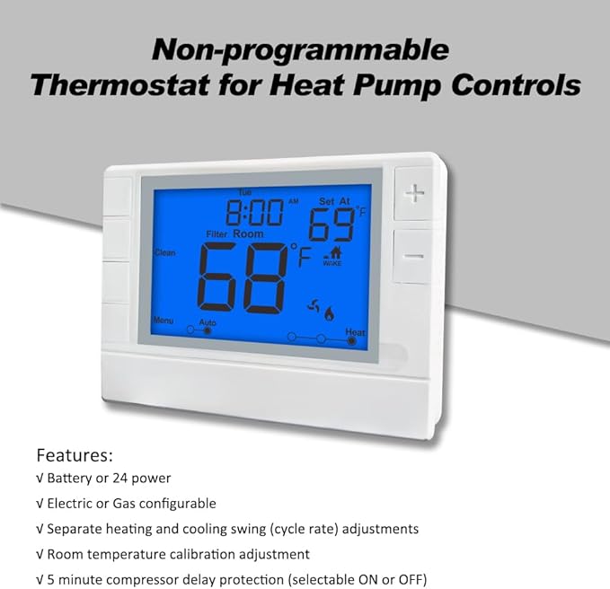 Thermostat for Home, Premium Heat Pump Room Temperature Controller, up to 2H/1C, Easy-to-Read Large Display，Blue Backlight