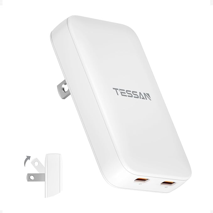 USB C Wall Charger Block PD 65W TESSAN Flat Fast Phone Charger Foldable | 2 USB C GaN Type C Fast Charging Block 0.58'' Ultra Slim Charger for iPhone 17/16/15 Series Samsung Galaxy Models Travel