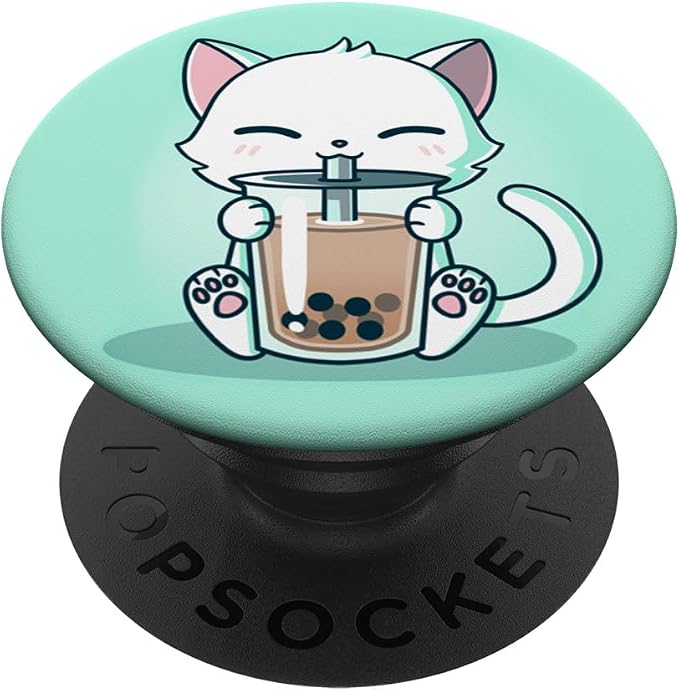 Cute Boba Kit Tea Cat Enjoying Tea Pet Kitty Lover Green PopSockets PopGrip: Swappable Grip for Phones &amp Tablets