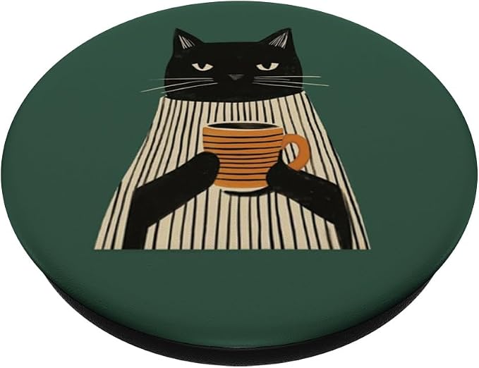 Black Cat Holding Coffee Cup Illustration PopSockets Adhesive PopGrip