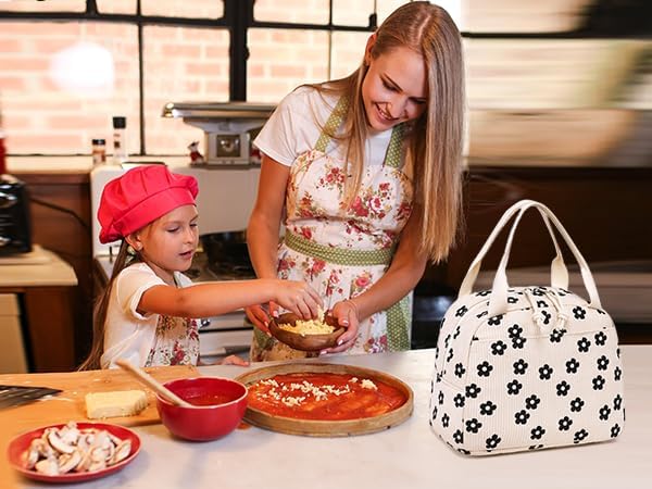 LEDAOU Lunch Box for Women Insulated Lunch Bag Corduroy Lunch Tote Bags Leakproof Cooler Lunch Case for Travel Work Picnic (Black Floral)