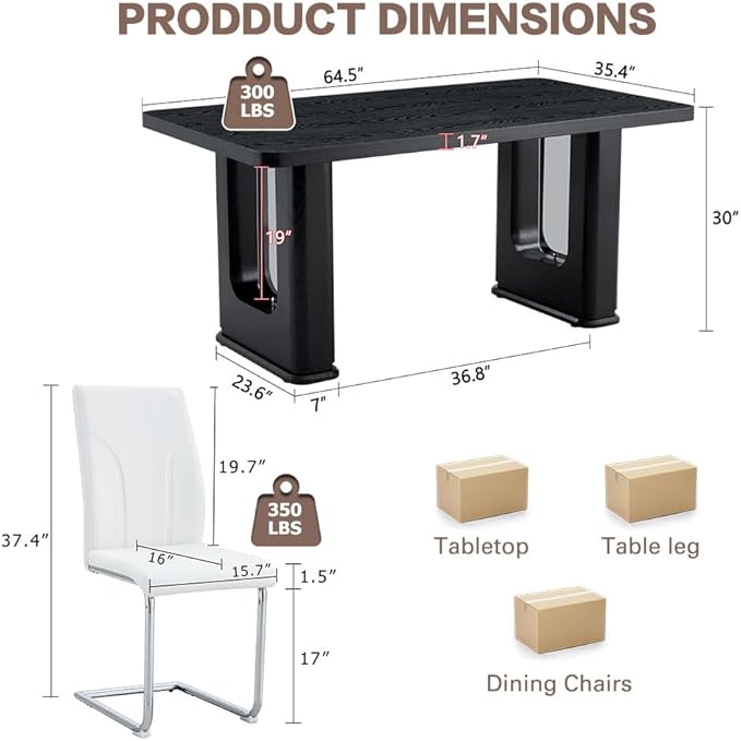 64.5" Black Dining Table Set for 4, Modern Kitchen Table and Chairs Set with PU Leather Cushioned Chairs & Decorative Pedestal Base, 5 Piece Wood Grain Dining Table Set for Dining Room or Kitchen