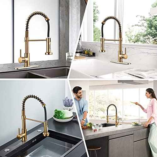 Gold Kitchen Faucet,DanPiang Commercial Stainless Steel Single Handle Pull Down Kitchen Sink Faucet with Deck Plate,Brushed Gold