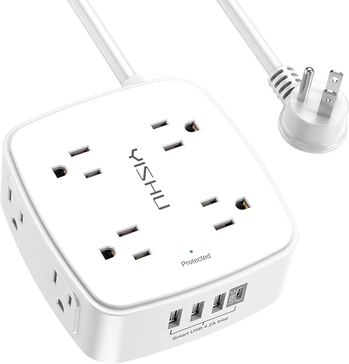 10 Ft Surge Protector Power Strip - YISHU 3 Side Outlet Extender with 8 Widely AC Outlets and 4 USB Ports, 10 Feet Extension Cord with Flat Plug, Wall Mount Desk USB Charging Station, ETL,White